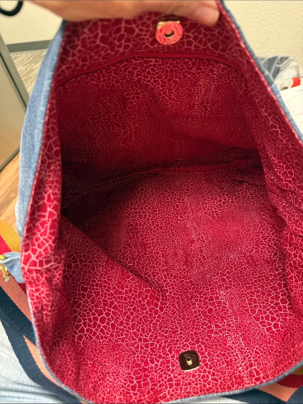 NWOT Denim Patchwork Hobo Bag with Striped Strap - Blue and Red - Picture 5 of 7